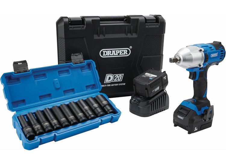 Draper 04791 D20 20V Brushless Mid-Torque Impact Wrench Kit, 1/2" &amp; Metric Deep Impact Socket Set (10 Piece)