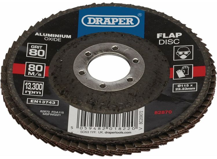 Draper 82870 Aluminium Oxide Flap Disc, 115 x 22.23mm, 80 Grit
