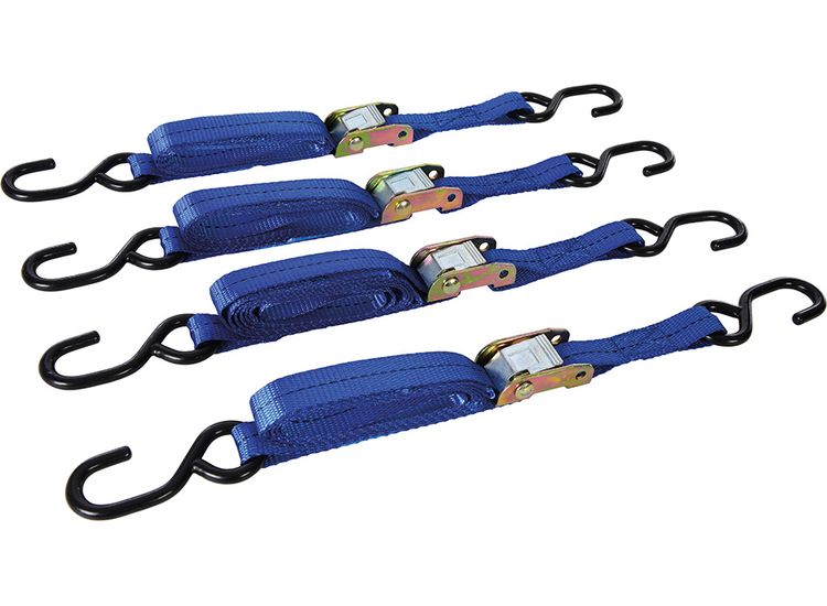 Silverline Cam Buckle Tie Down Strap S-Hook 2m x 25mm 4pk 2m x 25mm Rated 250kg Capacity 500kg