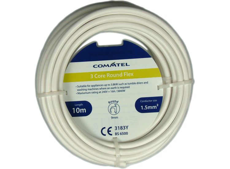 Commtel FLPP018STV 3 Core Round Flex White 10m 1.5mm2