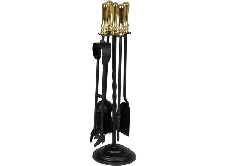 Hearth &amp; Home HH13 Black Companion Set With Round Base / Brass Handles 5 Piece