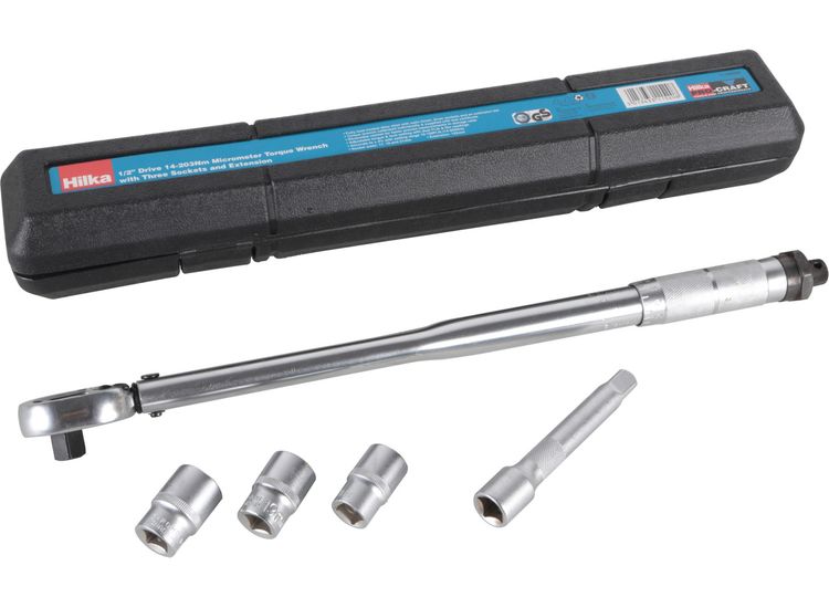 Hilka 1/2” Drive 28-210Nm Micrometer Torque Wrench with Three Sockets and Extension