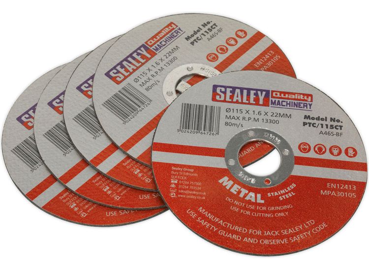 Sealey PTC/115CT5 Cutting Disc &amp;#8709;115 x 1.6mm 22mm Bore Pack of 5