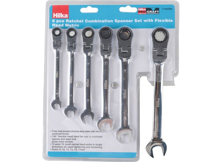 Hilka 6 pce Ratchet Combination Spanner Set with Flexible Head Metric Pro Craft