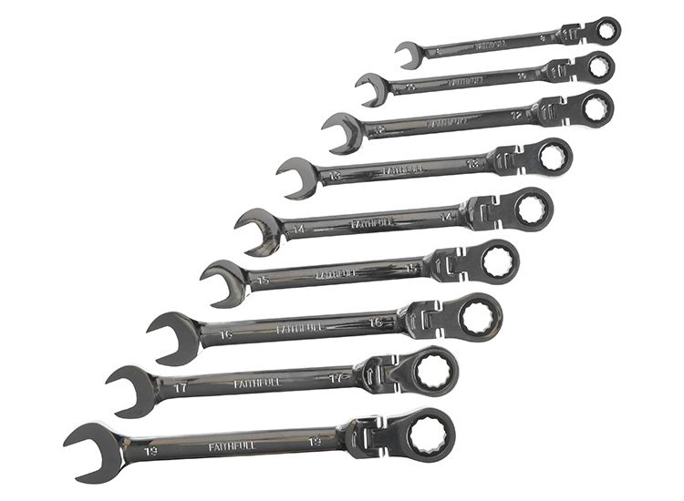 Faithfull Ratchet Combination Spanner Flex Head Set, 9 Piece