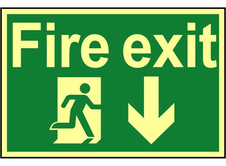 Scan Fire Exit Running Man Arrow Down - Photoluminescent 300 x 200mm