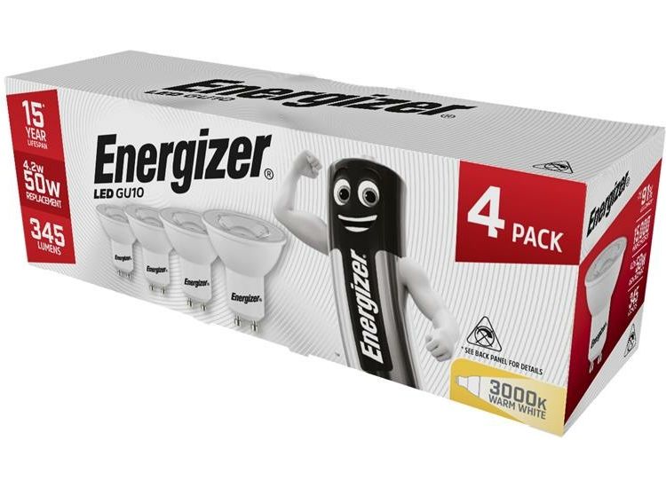 Energizer® LED GU10 50° Non-Dimmable Bulb, Warm White 345 lm 4.2W (Pack 4)