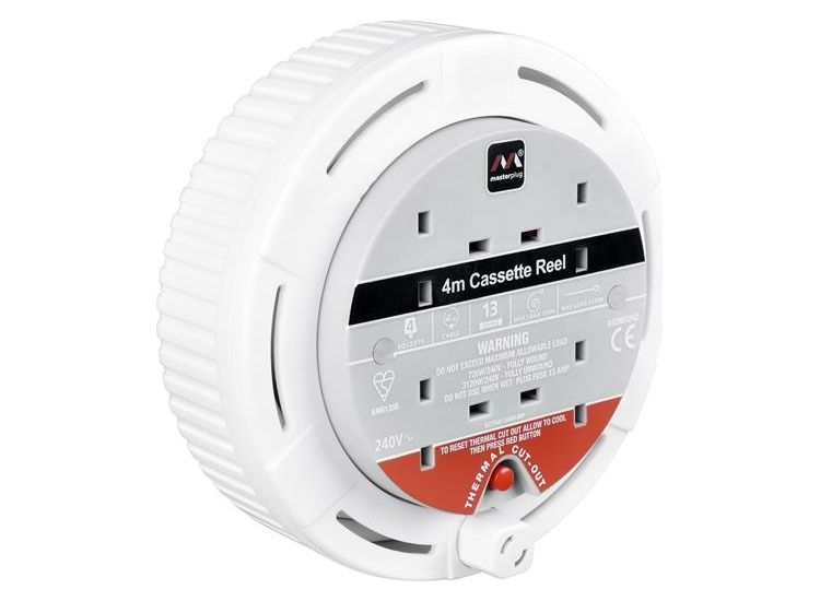 Masterplug Cassette Cable Reel 240V 13A 4-Socket Thermal Cut-Out White 4m