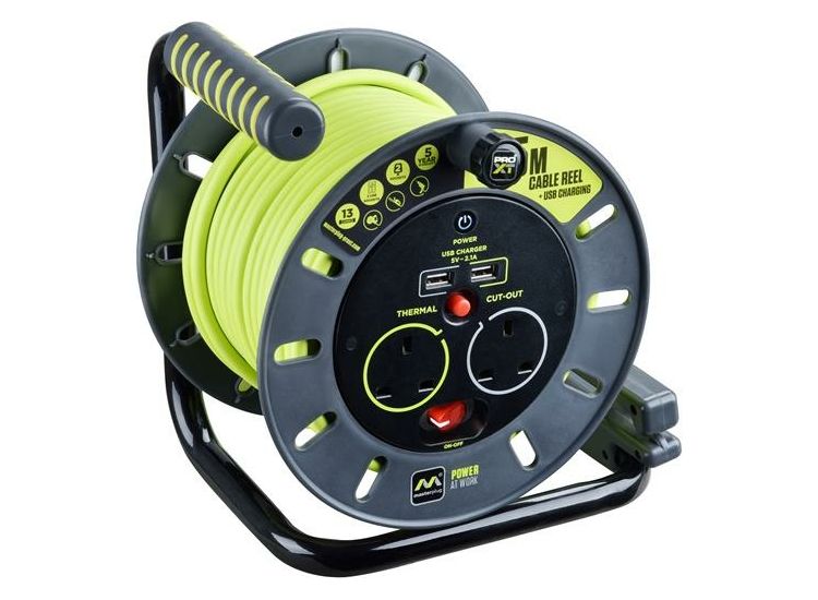 Masterplug PRO-XT Open Cable Reel 240V 13A 2-Socket &amp; 2 USB (2.1A Shared) 25m