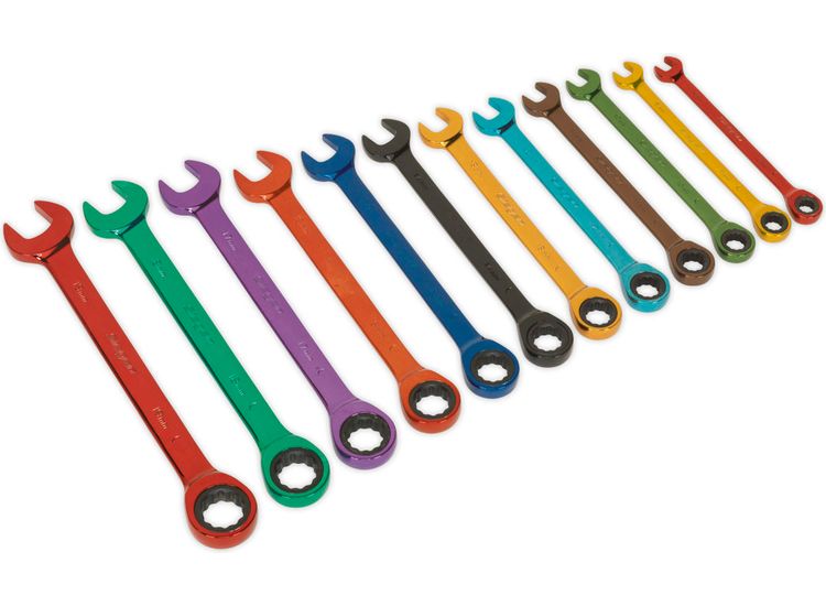Sealey S01075 Ratchet Combination Spanner Set 12pc Multi-Coloured Metric