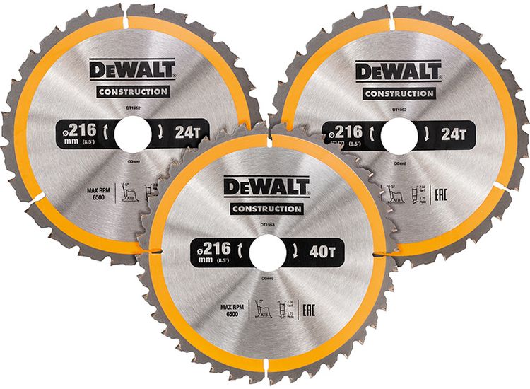 DEWALT DT1962 Construction Circular Saw Blade 3 Pack 216 x 30mm 2 x 24T 1 x 40T