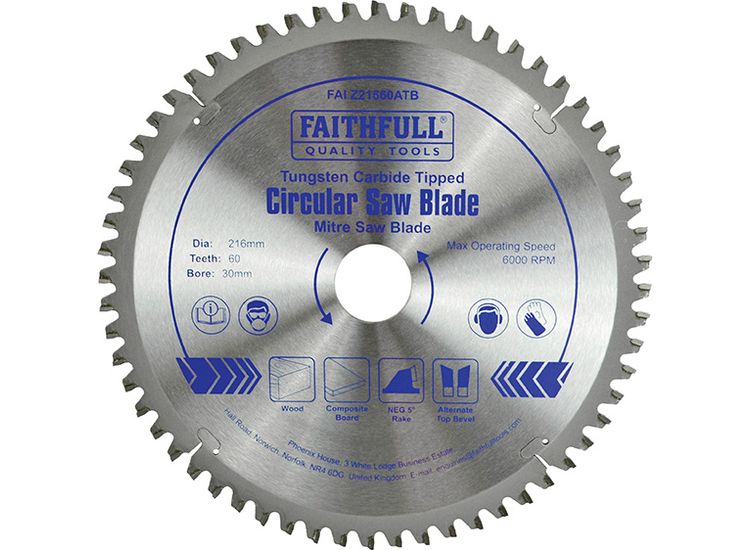 Faithfull TCT Cross Cut Mitre Saw Blade 216 x 30mm x 60T NEG