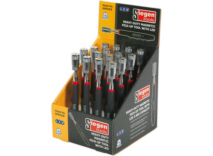 Sealey S0903DB Heavy-Duty Magnetic Pick-Up Tool with LED 3.6kg Capacity Display Box of 16