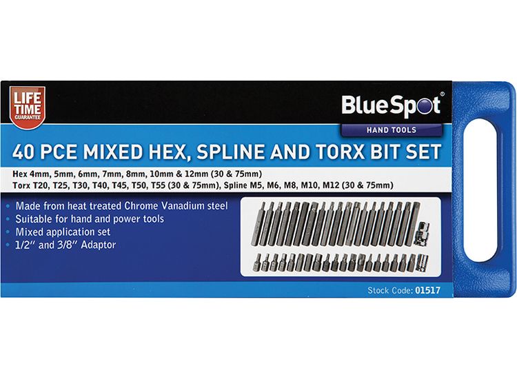 BlueSpot Tools Mixed Hex Spline &amp; TORX Bit Set, 40 Piece
