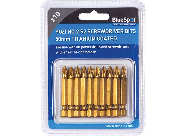 BlueSpot Tools Titanium Coated Screwdriver Bits PZ2 x 50mm (Pack 10)