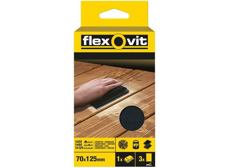 Flexovit Hook &amp; Loop Sanding Block Kit Assorted 70 x 125mm (Pack 3)