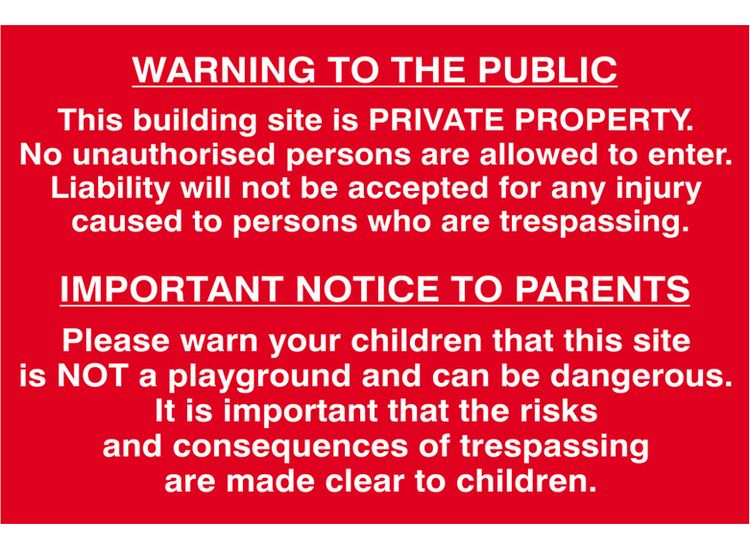 Scan Building Site Warning to Public &amp; Parents - PVC Sign 600 x 400mm