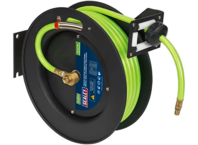 Sealey SA841HV Retractable Air Hose Metal Reel 15m &amp;#8709;10mm ID High Visibility TPR Hose
