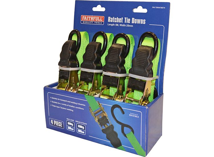 Faithfull Ratchet Tie-Downs 5m x 25mm Green 4 Piece