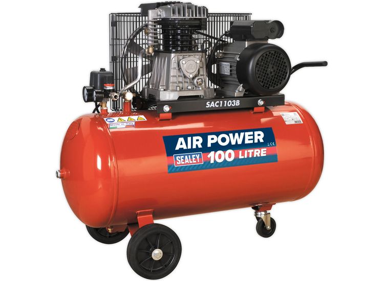 Sealey SAC1103B Compressor 100ltr Belt Drive 3hp with Cast Cylinders &amp; Wheels