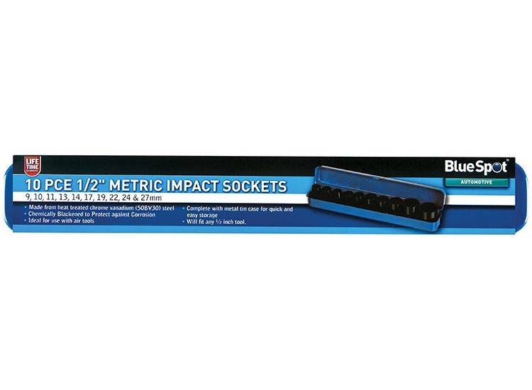 BlueSpot Tools 1/2in Metric Impact Socket Set 9-27mm, 10 Piece