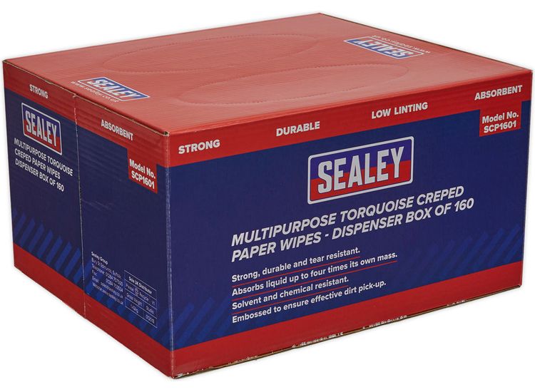 Sealey SCP1601 Multipurpose Paper Wipes in Dispenser Box - Creped Turquoise 69gsm 160 Sheets