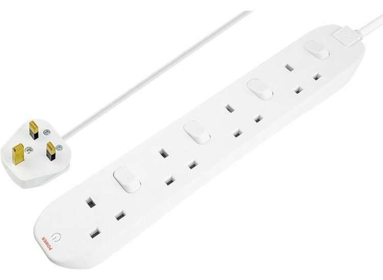 Masterplug Extension Lead 240V 4-Gang 13A White Switched 2m