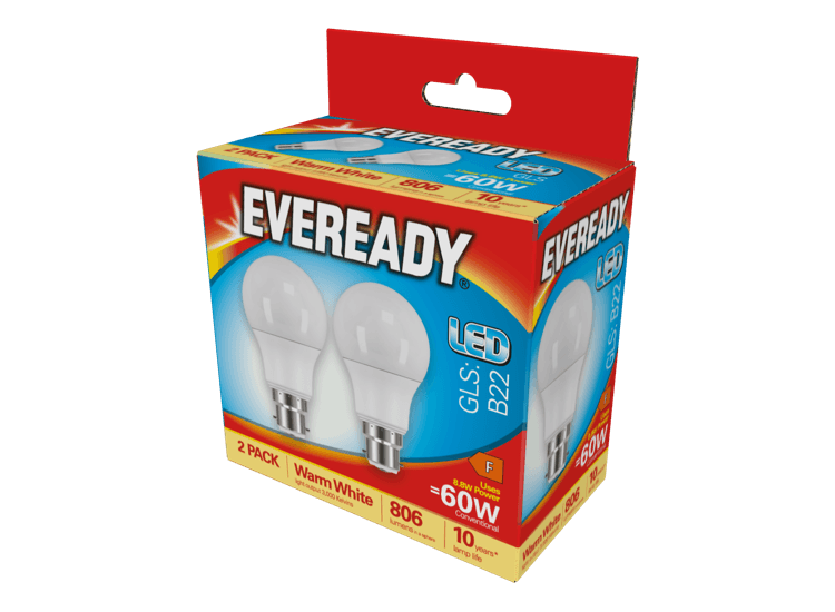 Eveready LED GLS BC B22 3000k Warm White Pack 2