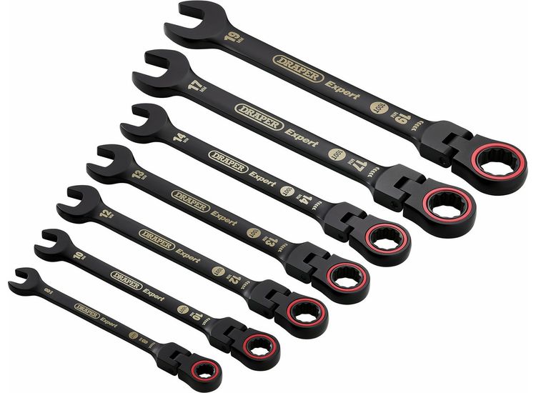 Draper Expert 03927 HI-TORQ® Metric Flexible Head Ratchet Combination Spanner Set, Black (7 Piece)