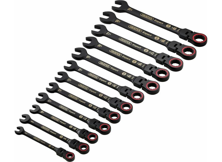 Draper 03929 Draper Expert HI-TORQ&amp;#174; Metric Flexible Head Ratchet Combination Spanner Set, Black (12 Piece)