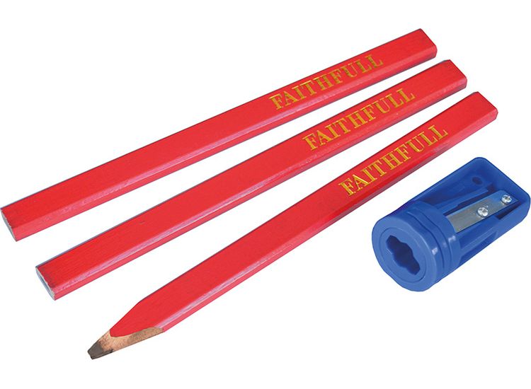 Faithfull Carpenters' Pencils Red (Pack 3 + Sharpener)