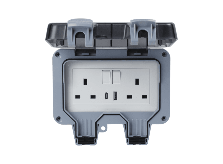 Securlec Double Outdoor Weatherproof 2 Gang Switched Socket With USB-A &amp; USB-C