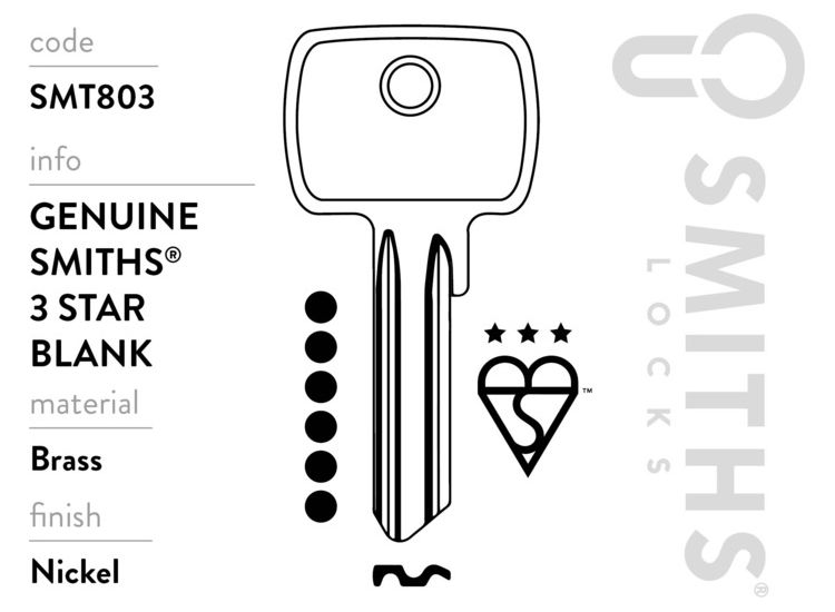 Smiths Locks SMT803 3 Star Euro Cylinder 6 Pin Key Blank