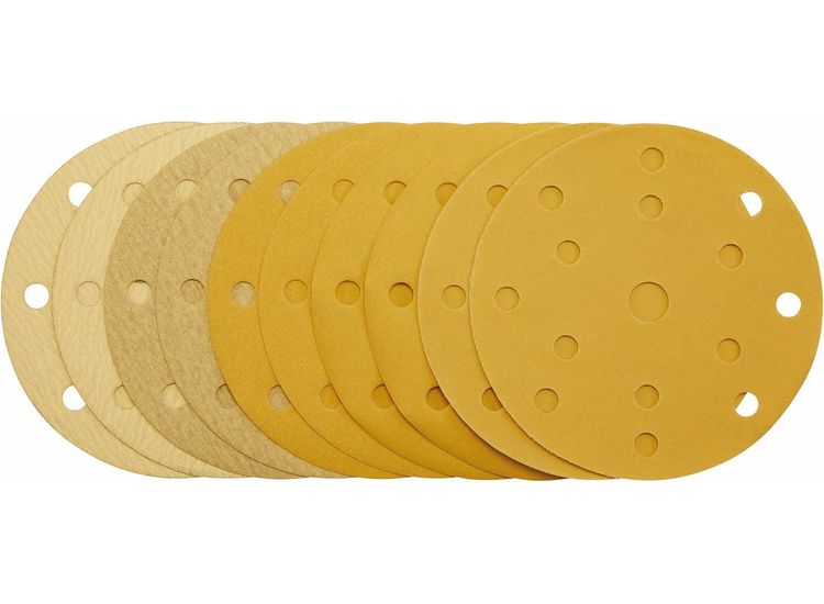 Draper 08480 Gold Sanding Discs with Hook &amp; Loop, 150mm, Assorted Grit - 120G, 180G, 240G, 320G, 400G, 15 Dust Extraction Holes (Pack of 10)