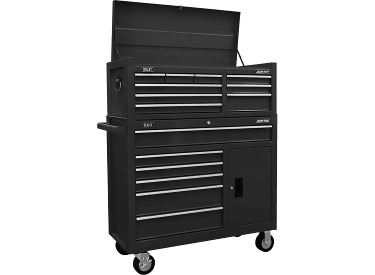 Sealey Topchest &amp; Rollcab Combination 15 Drawer with Ball-Bearing Slides - Black AP41STACKB