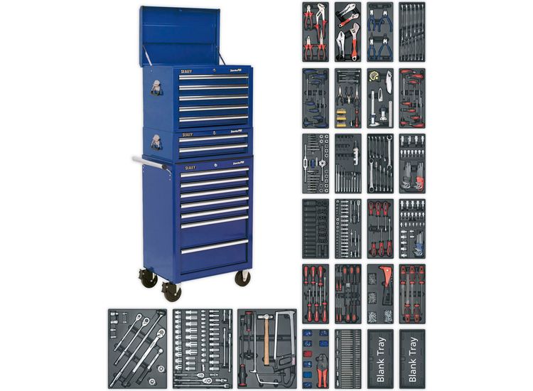Sealey SPTCCOMBO1 Tool Chest Combination 14 Drawer with Ball Bearing Slides - Blue &amp; 1179pc Tool Kit