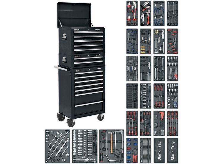 Sealey SPTCOMBO2 Tool Chest Combination 14 Drawer with Ball Bearing Slides - Black &amp; 1179pc Tool Kit