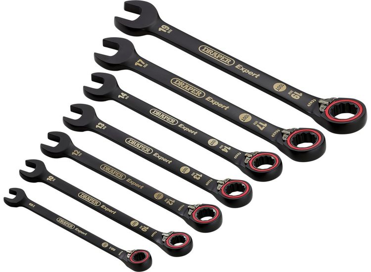 Draper 03911 Draper Expert HI-TORQ&amp;#174; Metric Reversible Ratchet Combination Spanner Set, Black (7 Piece)