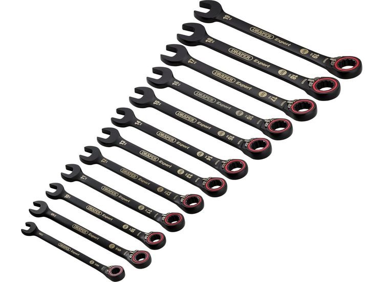 Draper 03912 Draper Expert HI-TORQ&amp;#174; Metric Reversible Ratchet Combination Spanner Set, Black (12 Piece)