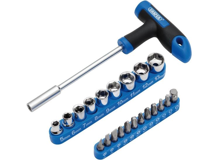 Draper 21011 T-Handle Screwdriver, Socket and Bit Set, 1/4" Sq. Dr. (22 Piece)