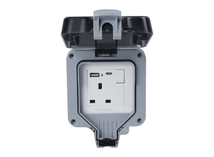 Securlec SL9484 Single Outdoor Weatherproof Switched 1 Gang Socket With USB-A &amp; USB-C