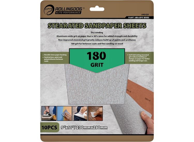 Rollingdog 09654 Stearated Sanding Sheets, 230 x 280mm, 180 Grit (Pack of 10)