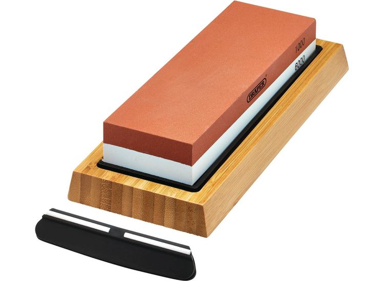 Draper 23949 Double Sided Whetstone Sharpening Stone with Non-Slip Base and Angle Guide, 1000/6000 Grit