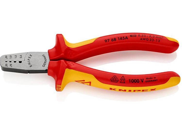 Draper 34651 KNIPEX 97 68 145 A VDE Crimping Pliers for Wire Ferrules, 145mm