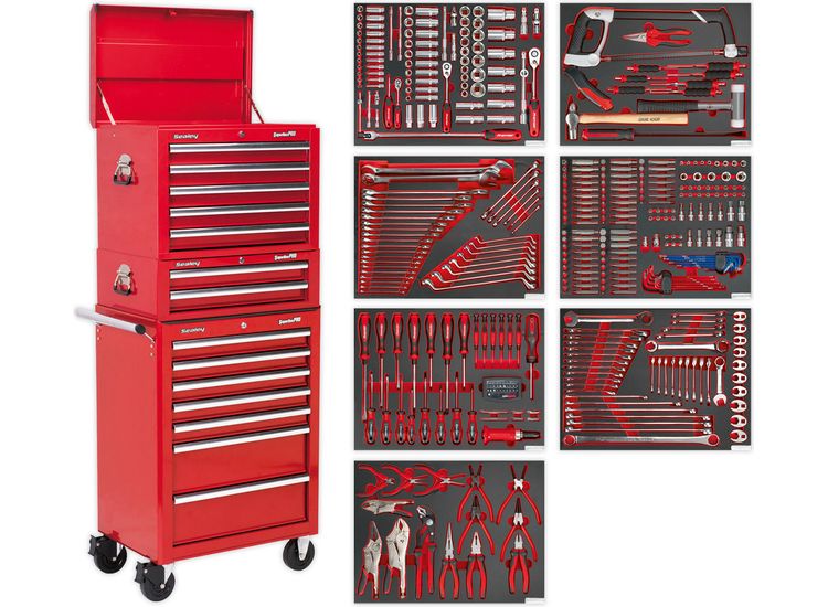 Sealey TBTPCOMBO1 Tool Chest Combination 14 Drawer with Ball Bearing Slides - Red &amp; 446pc Tool Kit