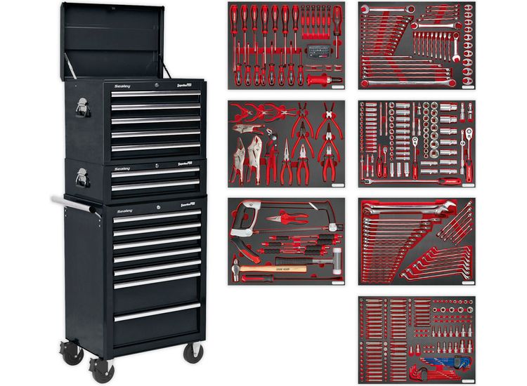 Sealey TBTPCOMBO2 Tool Chest Combination 14 Drawer with Ball Bearing Slides - Black &amp; 446pc Tool Kit