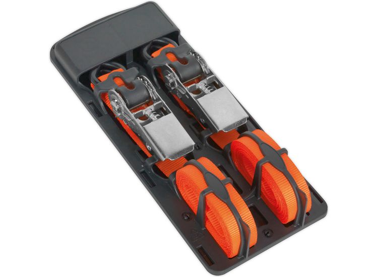 Sealey TD0540S2 Ratchet Tie Down 25mm x 4m Polyester Webbing with S Hooks 500kg Load Test - Pair