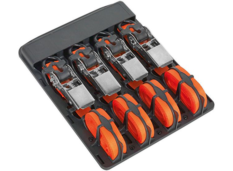 Sealey TD0540S4 Ratchet Tie Down 25mm x 4m Polyester Webbing with S Hooks 500kg Load Test - 2 Pairs