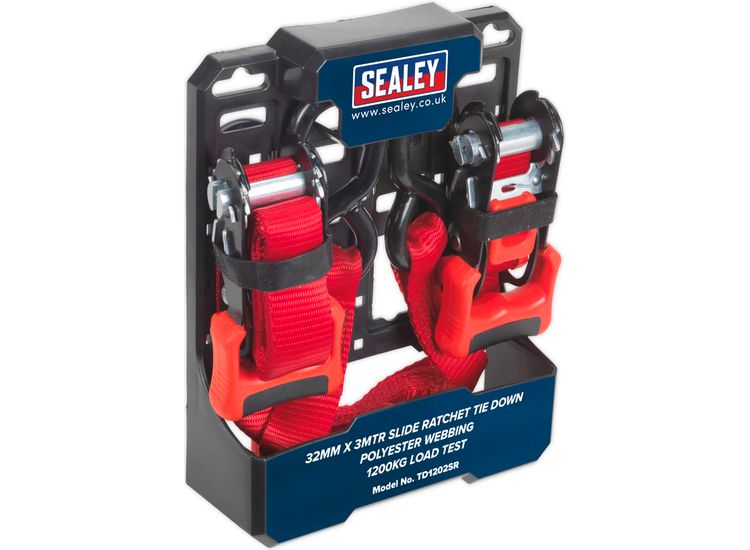 Sealey TD1202SR Slide Ratchet Tie Down 32mm x 3m Polyester Webbing with S Hooks 1200kg Load Test