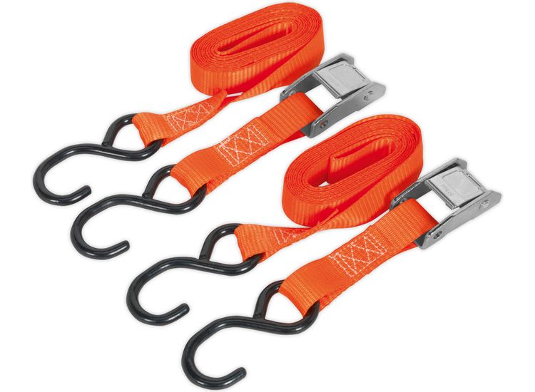 Sealey TD2525CS Cam Buckle Tie Down 25mm x 2.5m Polyester Webbing with S Hooks 250kg Load Test
